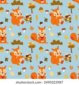 Children’s Animals Pattern with Cute Squirrels. Seamless Blue Background, Cute Vector Texture for Kids Bedding, Fabric, Wallpaper, Wrapping Paper, Textile, T-shirt Print.