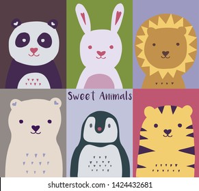 Animals pattern. Cute zoo. Animals portraits. Lion, tiger, panda, penguin, bird, bear.