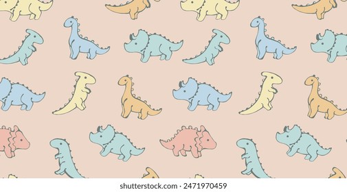 Children’s animals pattern with dinosaurs on beige background. Cute dinosaur wallpaper. Pastel seamless pattern for nursery decor, kids design and print.