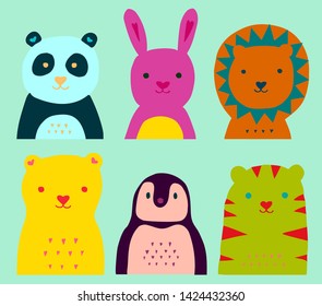 Animals pattern. Fantasy colors Lion, tiger, panda, penguin, bird, bear.