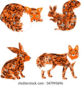 Animals with a pattern a fox, a hare, a squirrel, animals from the wood of red color, an illustration of fauna of the wood, a fox having been curtailed a ball lies, the hare sits sideways, 