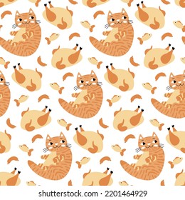 Animals pattern for kids. Pet ginger cat on white background. Fat tabby cat glutton, chicken, sausage, fish. Funny seamless print of children's fabric. Cartoon wallpaper with red kitten for nursery.