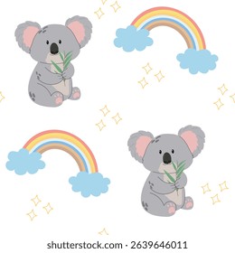 Children’s animals pattern with koala. Cute animal on white background with rainbow.	