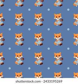 children’s animals pattern ,seamless vector pattern of fox and star on blue background