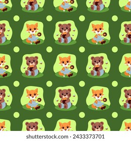 children’s animals pattern, seamless vector set of illustrations of a teddy bear with honey and a fox with a donut sitting on a clearing on a green background