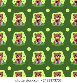 children’s animals pattern ,seamless vector set of illustrations of a teddy bear with honey sitting in a clearing on a green background