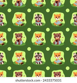 children’s animals pattern  of a teddy bear with honey, a raccoon with watermelon and a fox with a donut sitting in a clearing on a green background