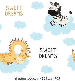 Children’s animals pattern with zebra and giraffe. Sleepy baby animals with cloud and rainbow. Vector illustration for fabric, textile, wallpaper, wrapping paper