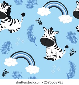Children’s animals pattern with zebra. Safari animal on blue background with rainbow, palm leaves. 