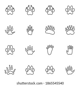 Animals paw print line icons set, outline vector symbol collection, linear style pictogram pack. Signs, logo illustration. Set includes icons as badger animal footprint, wolf, dog, hedgehog, tiger 