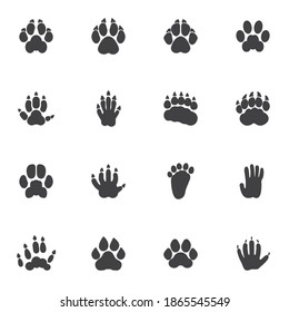 Animals paw print vector icons set, modern solid symbol collection, filled style pictogram pack. Signs, logo illustration. Set includes icons as badger animal footprint, wolf, dog, hedgehog, tiger