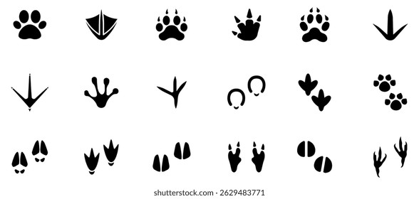 Impressões de patas de animais. Pegadas de mamíferos, pé de pássaro preto. Silhueta de pés de animais selvagens. EPS 10