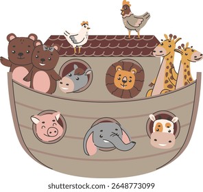 Animals peek from portholes on a cartoon ark.  Creatures board the vessel for a journey. Cartoon vector illustration