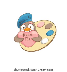 Animals. Penguin in a beret with a heart on its paws. Inscription. Cute animals Cartoon. Vector illustration Design element for sticker, flyer, print for t-shirts.