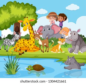 Animals and people near pond illustration