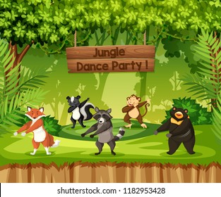 Animals perform jungle dance party illustration