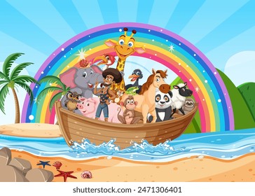 Animals and a person on a boat under rainbow
