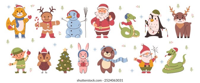 Animals and personages, isolated set of christmas cute characters. Vector in flat style, snowman and santa claus, penguin with garlands and bear, snakes with scarves and xmas tree with baubles