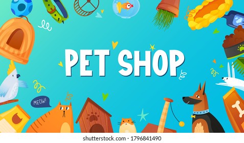 Animals with pet care equipment and text label. Vector background template. Ad poster design for pet shop, clinic or else.