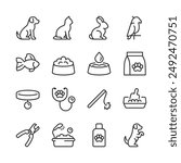 Animals and Pet Care, Icon Set. Various Pets and Items for Their Care. Pet Care and Veterinary. Dog, Cat, Rabbit, Parrot, Fish, Food, Water, Collar, Toy, Bath, Training, etc. Line with editable stroke