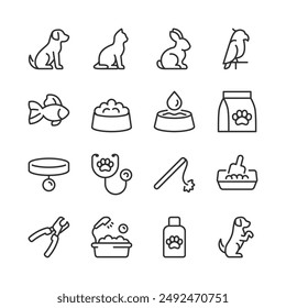 Animals and Pet Care, Icon Set. Various Pets and Items for Their Care. Pet Care and Veterinary. Dog, Cat, Rabbit, Parrot, Fish, Food, Water, Collar, Toy, Bath, Training, etc. Line with editable stroke