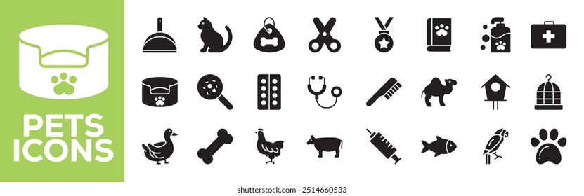 Animals and Pet Care, Icon Set. Various Pets and Items for Their Care. Pet Care and Veterinary. Dog, Cat, Rabbit, Parrot, Fish, Food, Water, Collar, Toy, Bath, Training, etc. Line with editable stroke