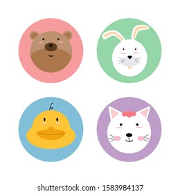 Animals pet wildlife circle icon logo label sticker set with bear, rabbit, duck and cat. flat vector illustration cartoon character design isolated.