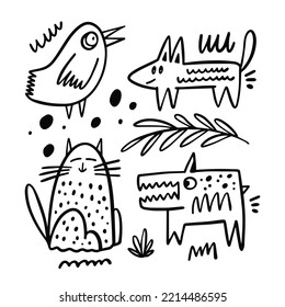 Animals pets bird, cat and dog doodle style hand drawn outline vector illustration. Isolated on white background.