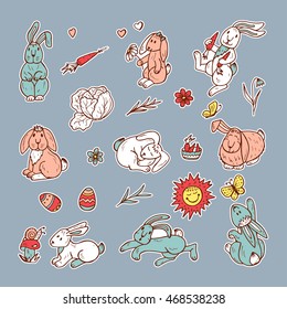 Animals. Pets. Different Cute Bunnies Stickers Vector Collection. Hand Drawn Doodle Rabbits set. 