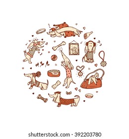 Animals. Pets. Funny Dachshund Dogs. Dog Vector Set. Hand Drawn Doodles Dachshunds. 