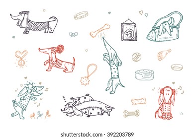 Animals. Pets. Funny Dachshund Dogs. Dog Vector Set. Hand Drawn Doodles Dachshunds. 