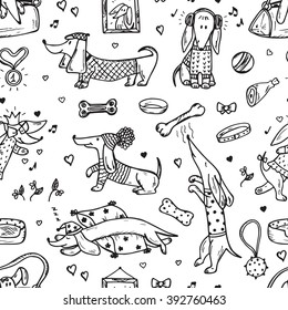 Animals. Pets. Funny Dachshund Dogs. Dog Vector Seamless Pattern. Hand Drawn Doodles Dachshunds. 