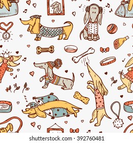 Animals. Pets. Funny Dachshund Dogs. Dog Vector Seamless Pattern. Hand Drawn Doodles Dachshunds. 