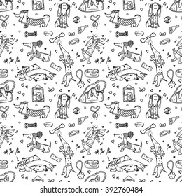 Animals. Pets. Funny Dachshund Dogs. Dog Vector Seamless Pattern. Hand Drawn Doodles Dachshunds. 