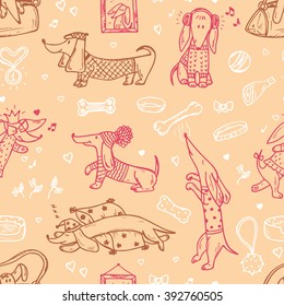 Animals. Pets. Funny Dachshund Dogs. Dog Vector Seamless Pattern. Hand Drawn Doodles Dachshunds. 