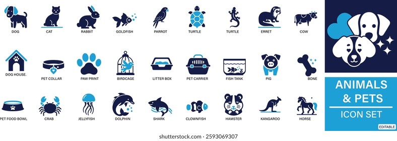 Animals and Pets icon set Dog, Cat, Rabbit, Hamster, Guinea Pig, Goldfish You can easily change the color.