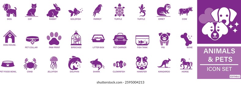 Animals and Pets icon set Dog, Cat, Rabbit, Hamster, Guinea Pig, Goldfish You can easily change the color