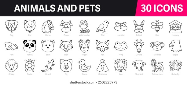 Animals and Pets Outline Vector Icon Collection. A set of outline icons related to Dog, Cat, Tiger, Monkey, Veterinarian, Animal Care, Fish and more. Editable stroke. Vector illustration