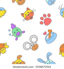 Animals and pets seamless pattern. Background pattern with cat, fish, dog footprint for veterinary and healthcare topics.