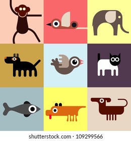 Animals and Pets - set of vector icons. Seamless wallpaper. Domestic and wild animals.