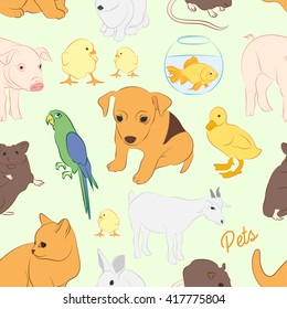 Animals pets vector colorful pattern. Illustrations of various domestic - dog, cat, parrot, fish, pig, bunny and other