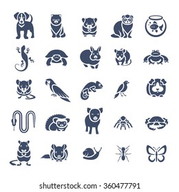 Animals pets vector flat silhouette icons set. Monochrome  pictograms of various domestic mammals, rodents, amphibian, insects, birds, reptiles. Logo, pictogram, infographic elements