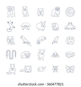 Animals pets vector flat thin line icons set. Outline pictograms of various domestic mammals, rodents, amphibian, insects, birds, reptiles, which people take care of at home