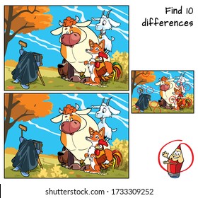 Animals are photographed. Find 10 differences. Educational game for children. Cartoon vector illustration