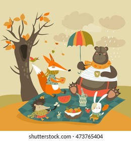 Animals at picnic in autumnal forest