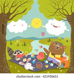 Animals at picnic in forest