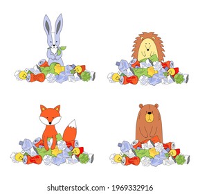 Animals in a pile of trash. Ecology concept, garbage recycling, waste disposal. Hare, bear, hedgehog, fox. Vector illustration isolated on white background.