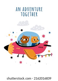 Animals pilots card. Airplane with cute passengers and aviator. Cartoon fox and bear characters fly on plane together. Creatures piloting air vehicle. Vector mammals