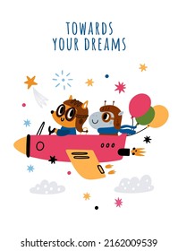 Animals pilots cards. Color airplanes with passengers and aviator. Cartoon characters fly on plane. Fox and hippo drive aircraft. Sky transportation. Traveling creatures