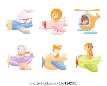 Animals pilots. Cute funny characters in airplanes avia transport flight heroes vector mascot collections